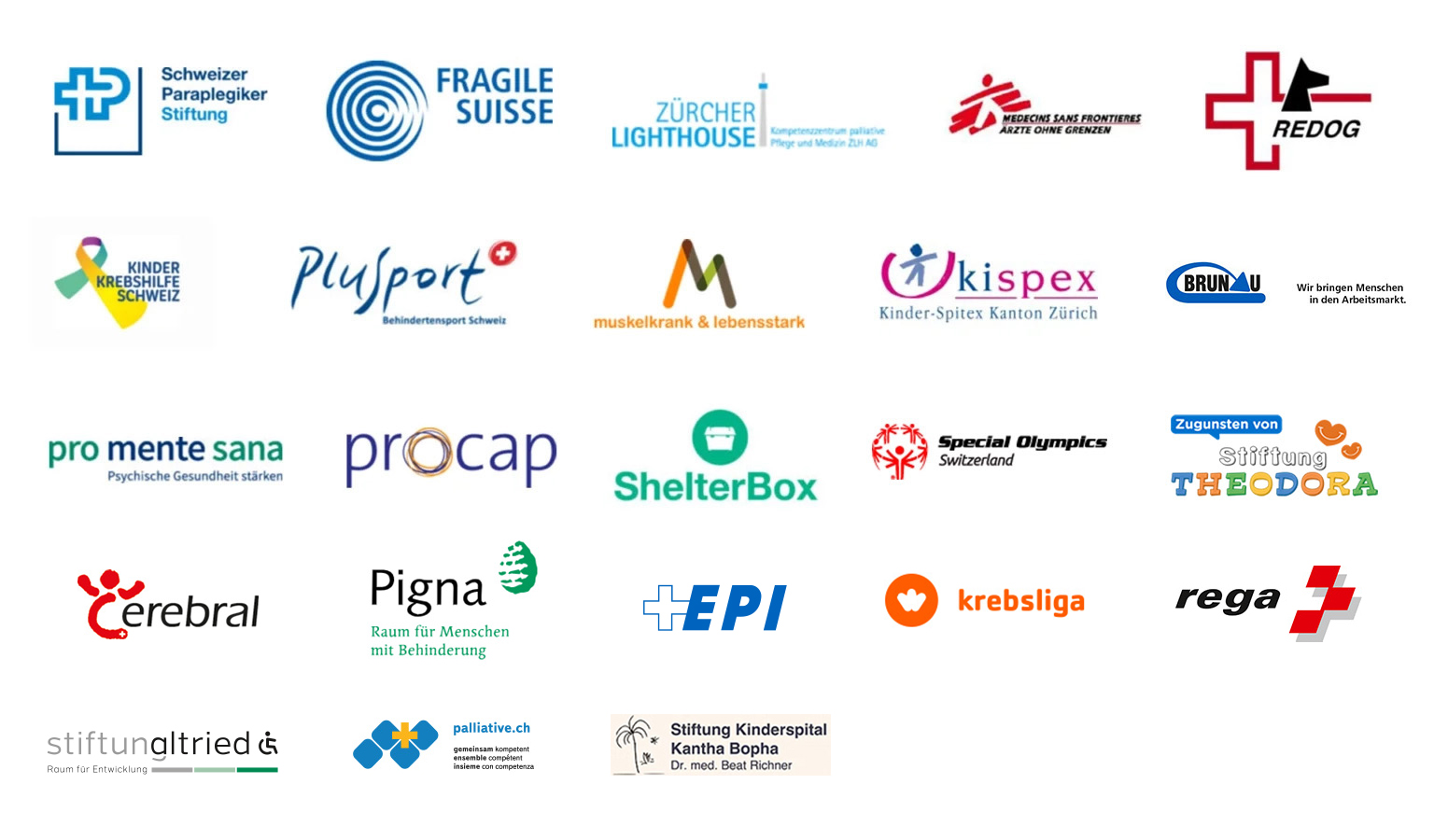 ESG 4 Zbiór logotypów różnych organizacji charytatywnych, takich jak Szwajcarska Fundacja Paraplegików, Szwajcarska Fundacja Walki z Rakiem u Dzieci, Médecins Sans Frontières i inne.