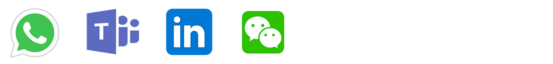 New Head of Sales SIMALFA® 2 Logos of four communication platforms: WhatsApp (green circle with a white phone icon), Microsoft Teams (purple icon with a "T" and figures), LinkedIn (blue square with a white "in"), and WeChat (green square with two white speech bubbles).